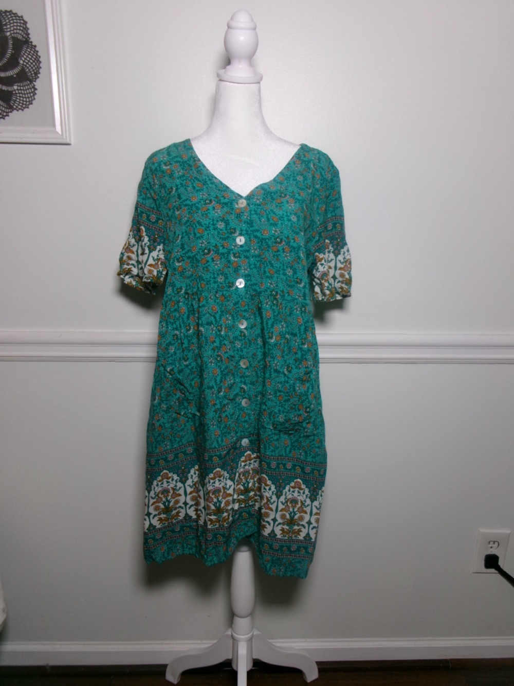 TEMOFON Teal Floral Boho Babydoll Midi Dress Size M